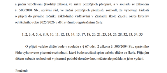 ROZHODNUTÍ o přijetí žáků k základnímu vzdělávání od školního roku 2025/2026